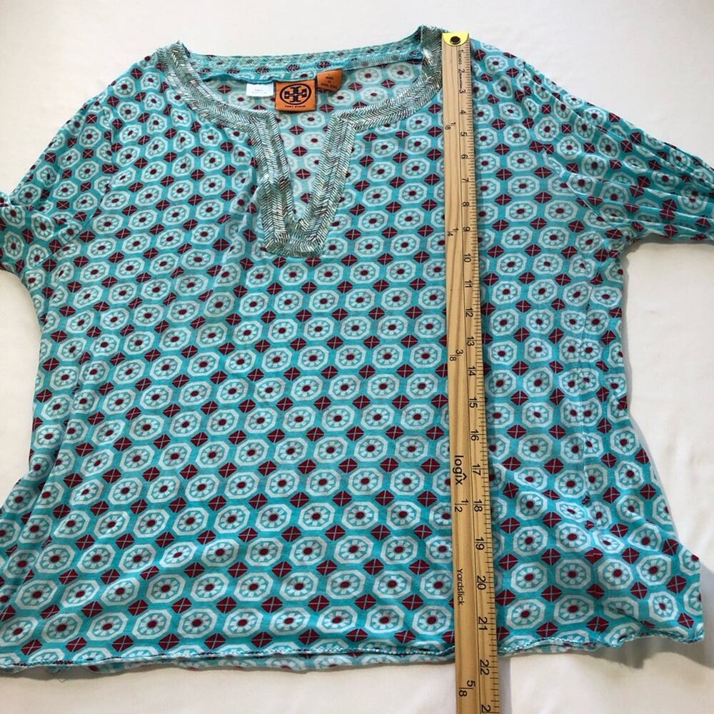 Tory Burch long-sleeve cotton v neck beaded top geometric medallion print L - Picture 6 of 9